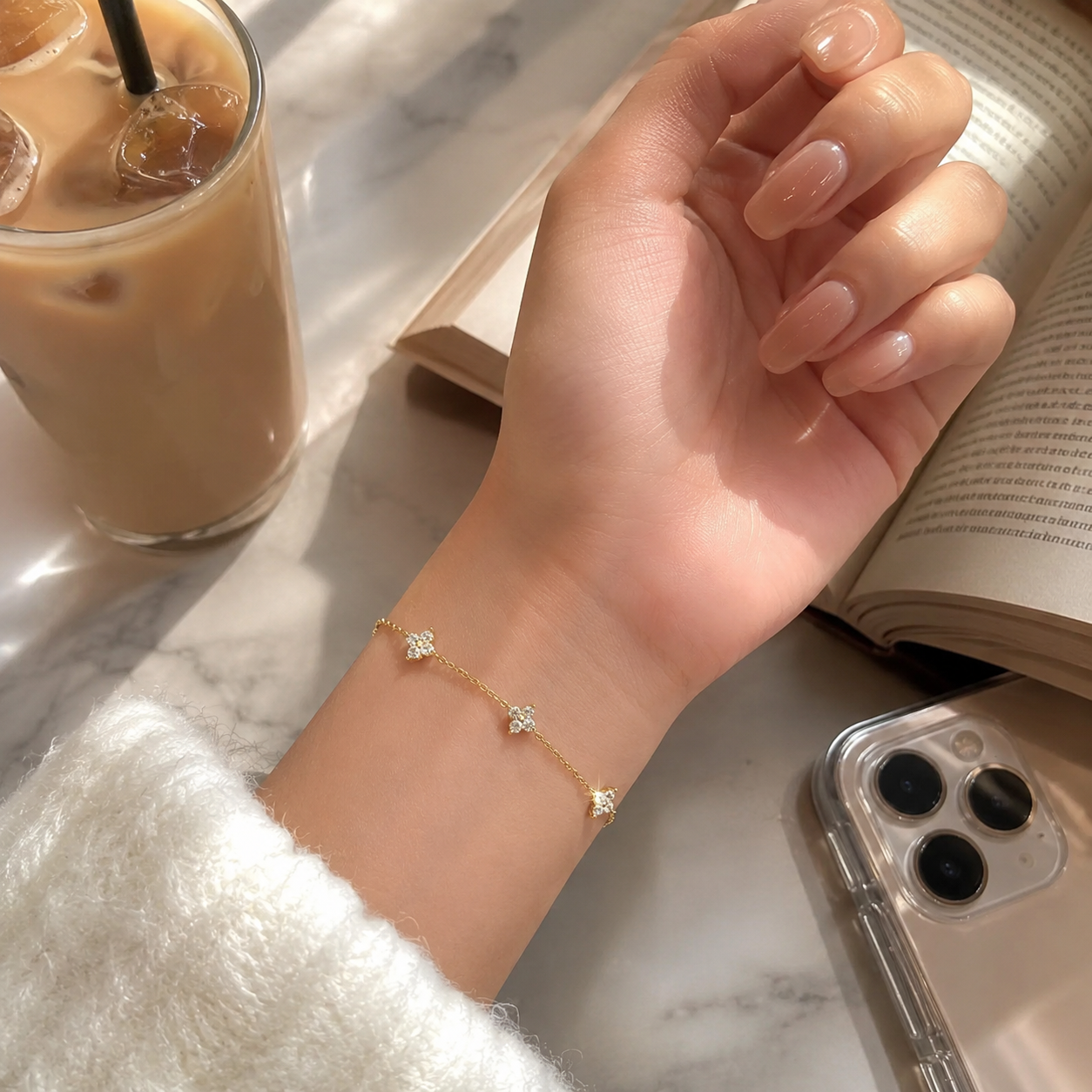 Sterling™ Clover Crystal Bracelet | Dainty Gold Four-Leaf Charm Jewelry for Women