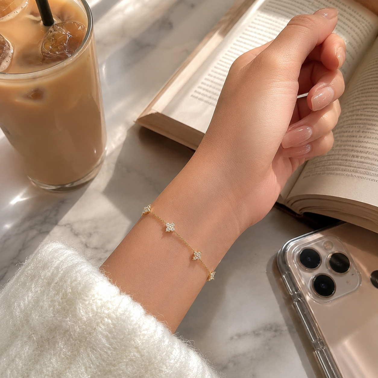 Sterling™ Clover Crystal Bracelet | Dainty Gold Four-Leaf Charm Jewelry for Women